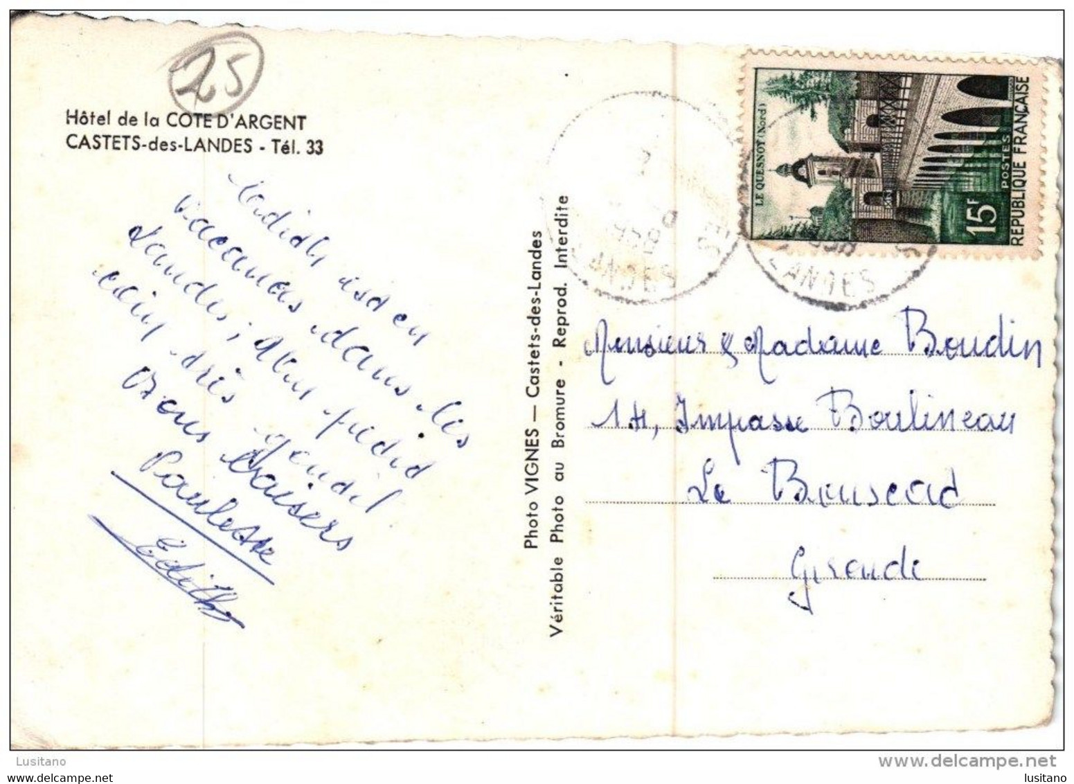 LANDES - CP HOTEL DE LA COTE D'ARGENT - CASTETS DES LANDES - TIMBRE 1958 FRANCE (2 SCANS) - Castets