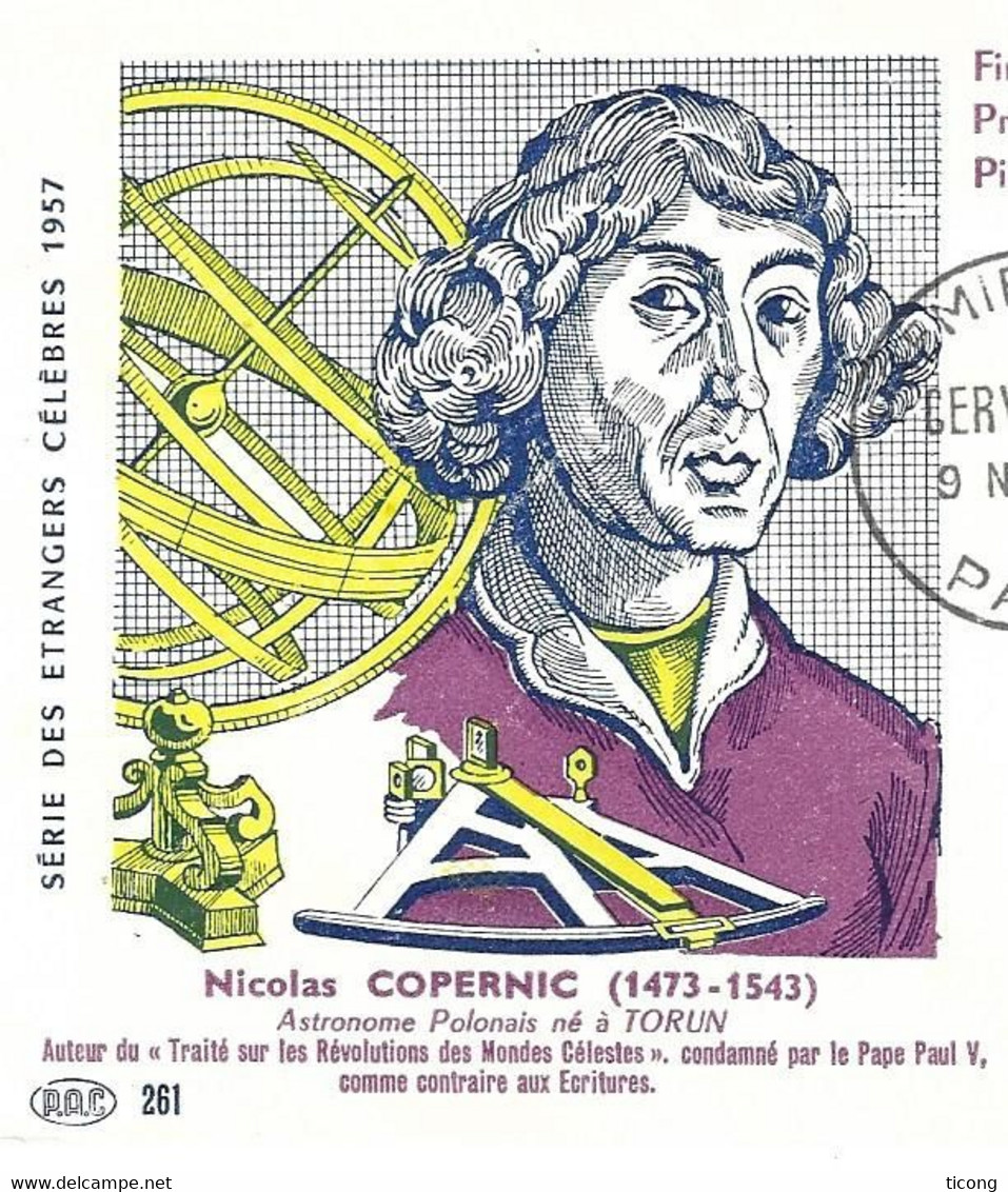 CURIOSITE - ENVELOPPE ILLUSTREE COPERNIC ASTRONOME POLONAIS SUR CACHET PREMIER JOUR CERVANTES 1957, VOIR LES SCANS - Lettres & Documents