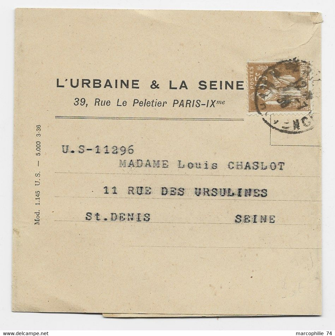 PAIX 45C BRUN SEUL BANDE COMPLETE PARIS 1936 POUR ST DENIS AU TARIF - 1932-39 Paz