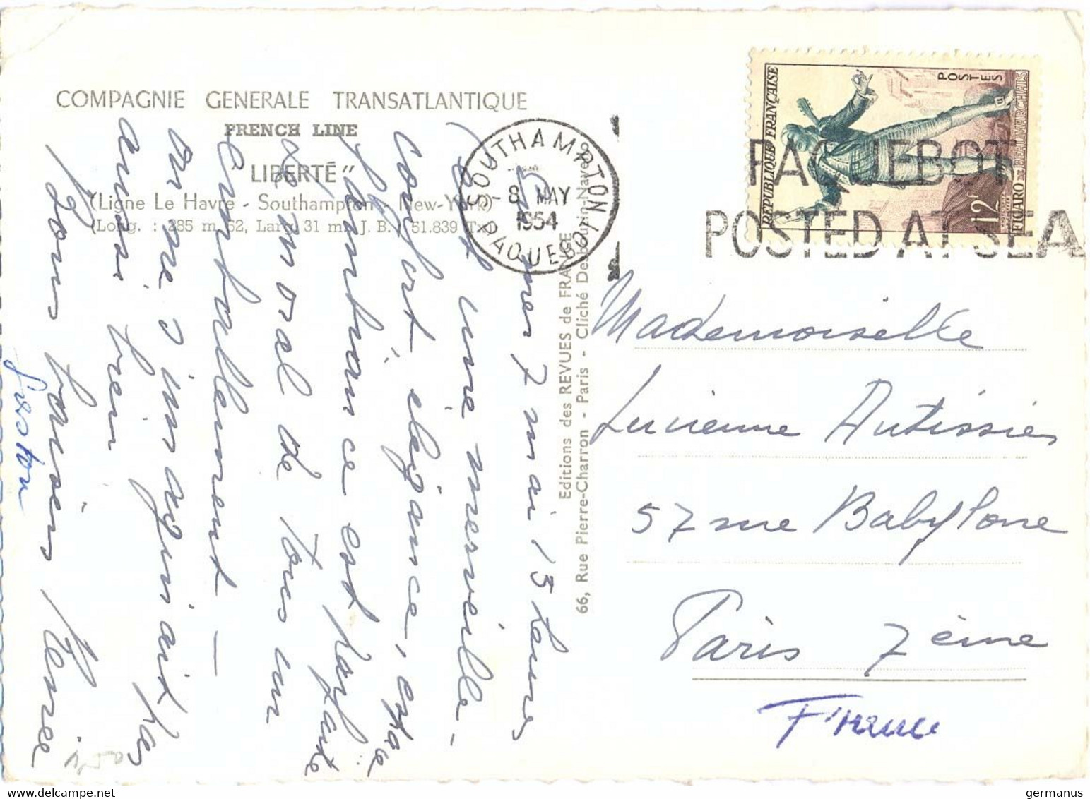 SOUTHAMPTON PAQUEBOT OMec FRANKERS 8 MAY 1954 PAQUEBOT / POSTED AT SEA Sur CP Cie GENERALE TRANSATLANTIQUE « LIBERTÉ » - Correo Marítimo