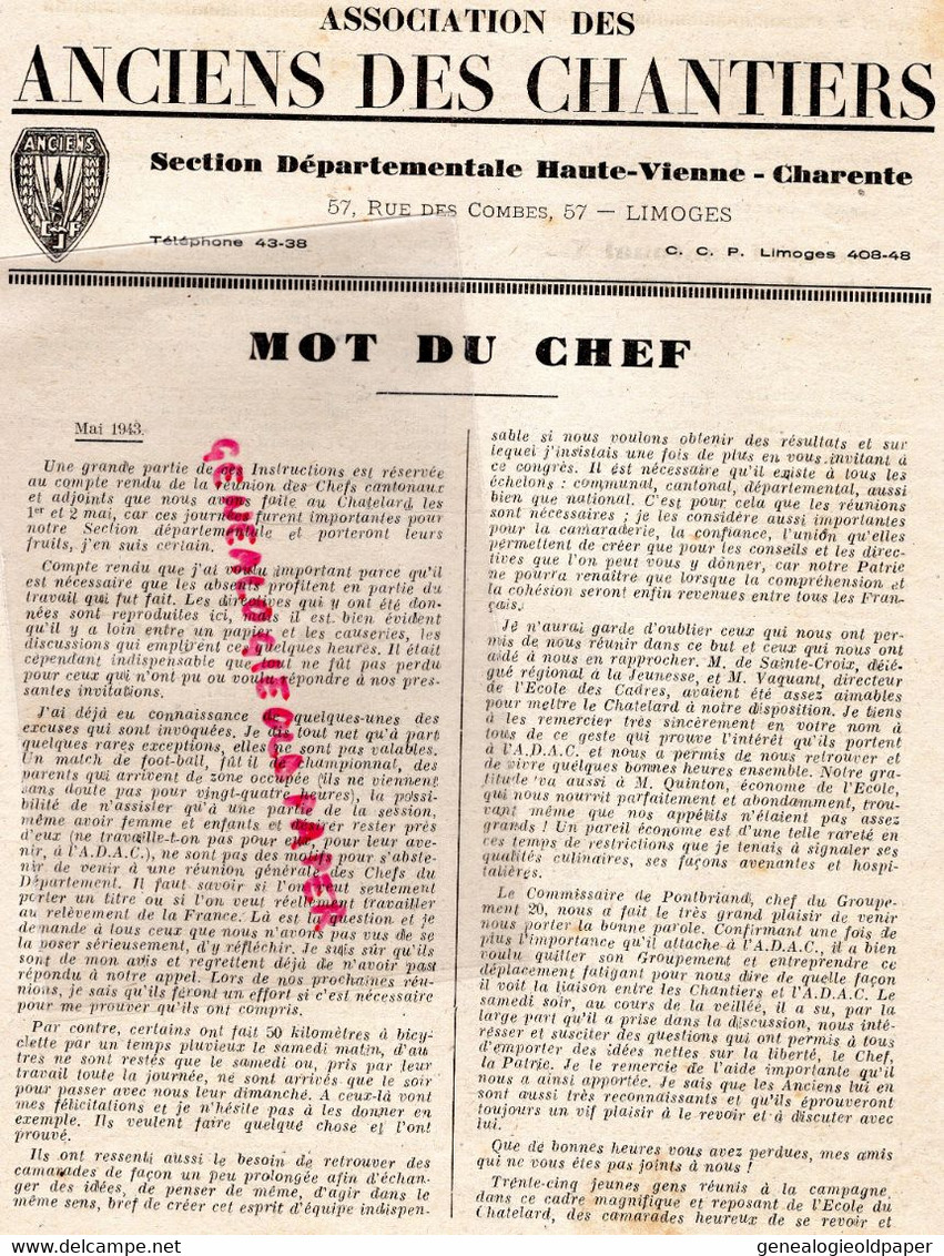 03-VICHY-87-LIMOGES-16-CHARENTE-CHANTIERS JEUNESSE -PETAIN-COLLABORATION- AOUT 1943-SAINT JUNIEN CHATELARD-BELLAC-NEXON - War 1939-45