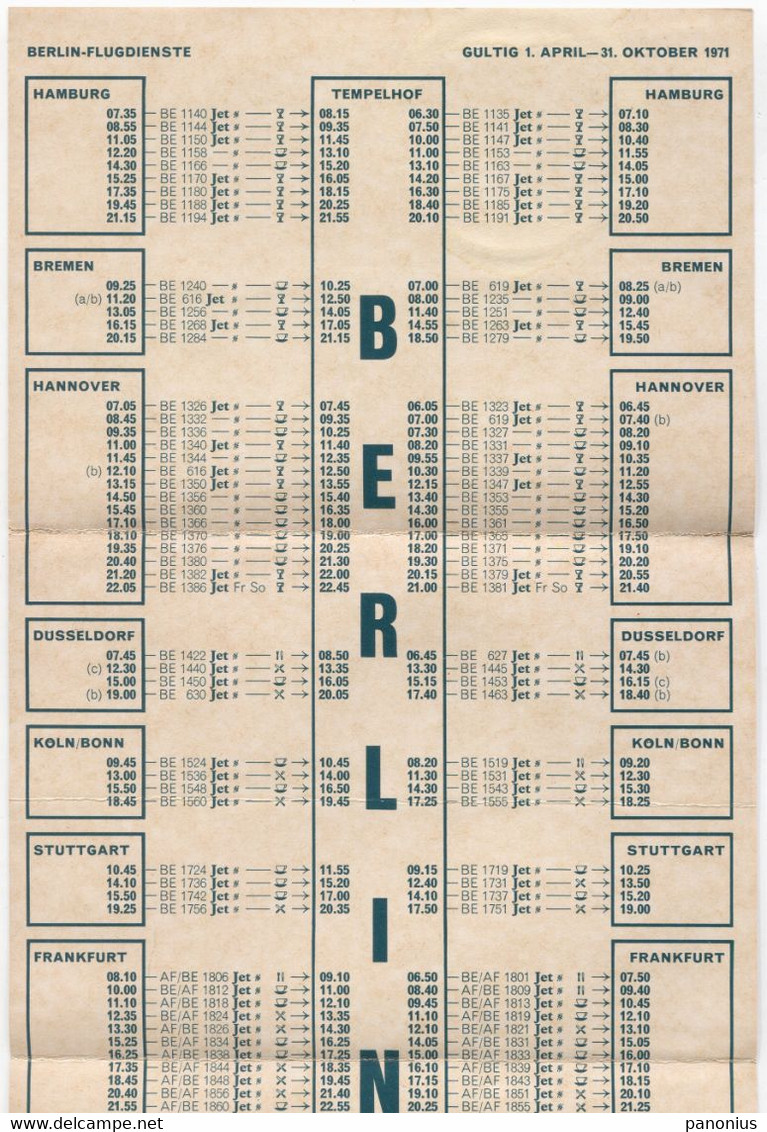 Airplane  Airlines, Plane Flug - BEA Air France, Berlin Flugplan / Flight Plan Timetable, Year 1971. - Europe