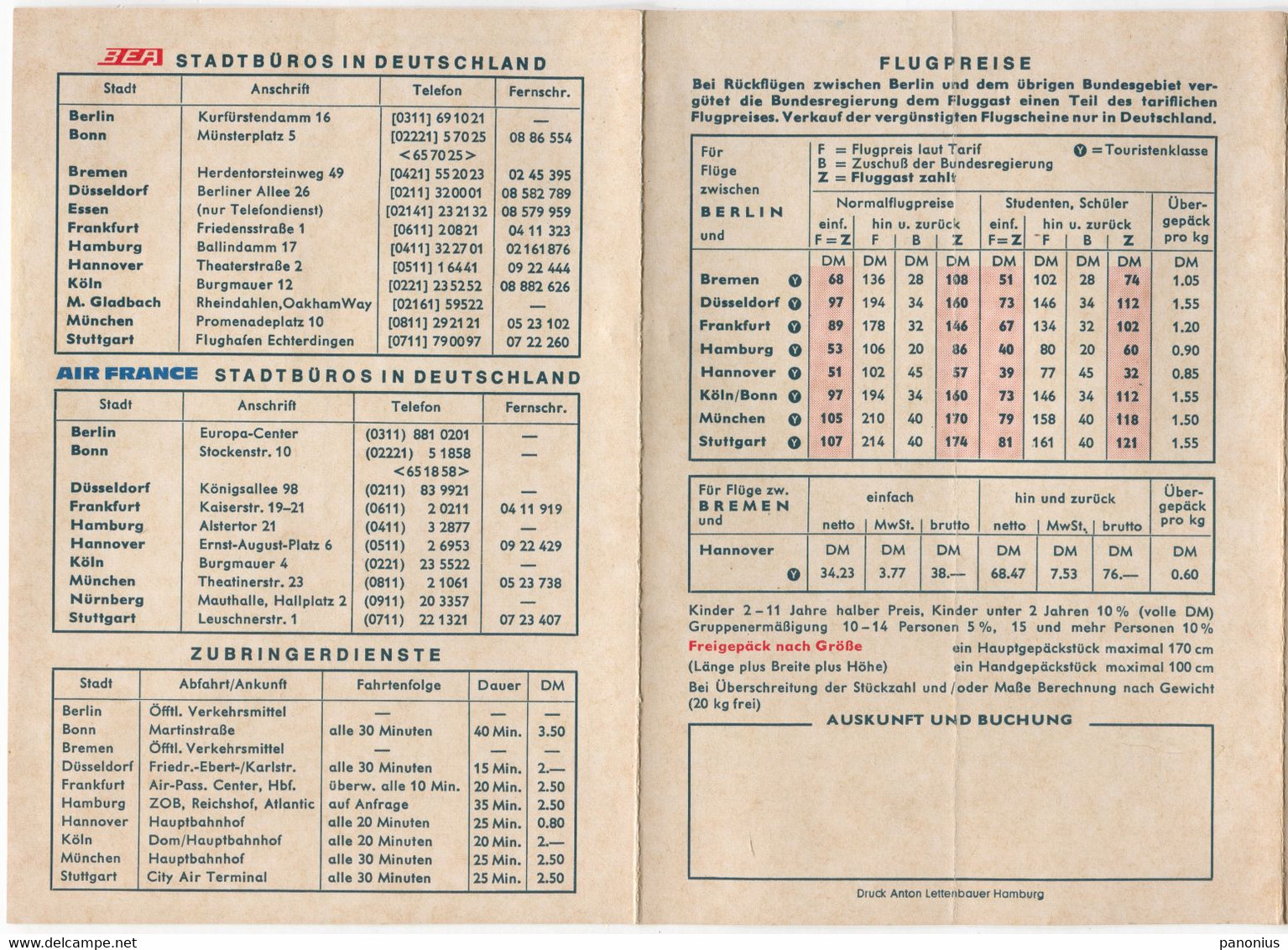 Airplane  Airlines, Plane Flug - BEA Air France, Berlin Flugplan / Flight Plan Timetable, Year 1971. - Europe