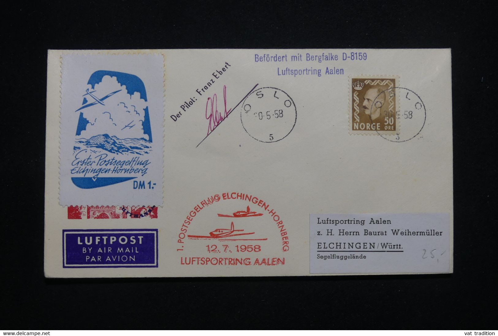 NORVÈGE - Enveloppe Par Vol à Voile ( Planeur ) Avec Signature Du Pilote En 1958 + Vignette - L 99616 - Storia Postale