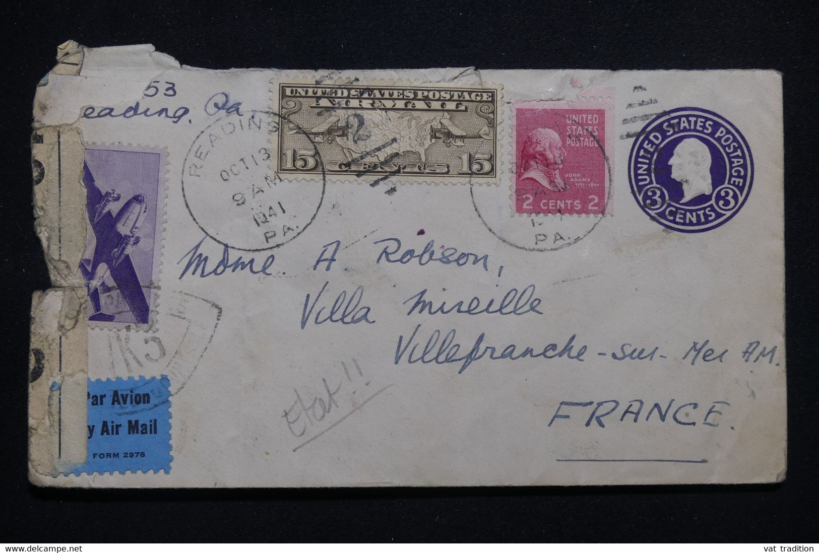 ETATS UNIS - Entier Postal + Compléments De Readins En 1941 Pour La France Avec Contrôle Postal - L 99622 - 1941-60