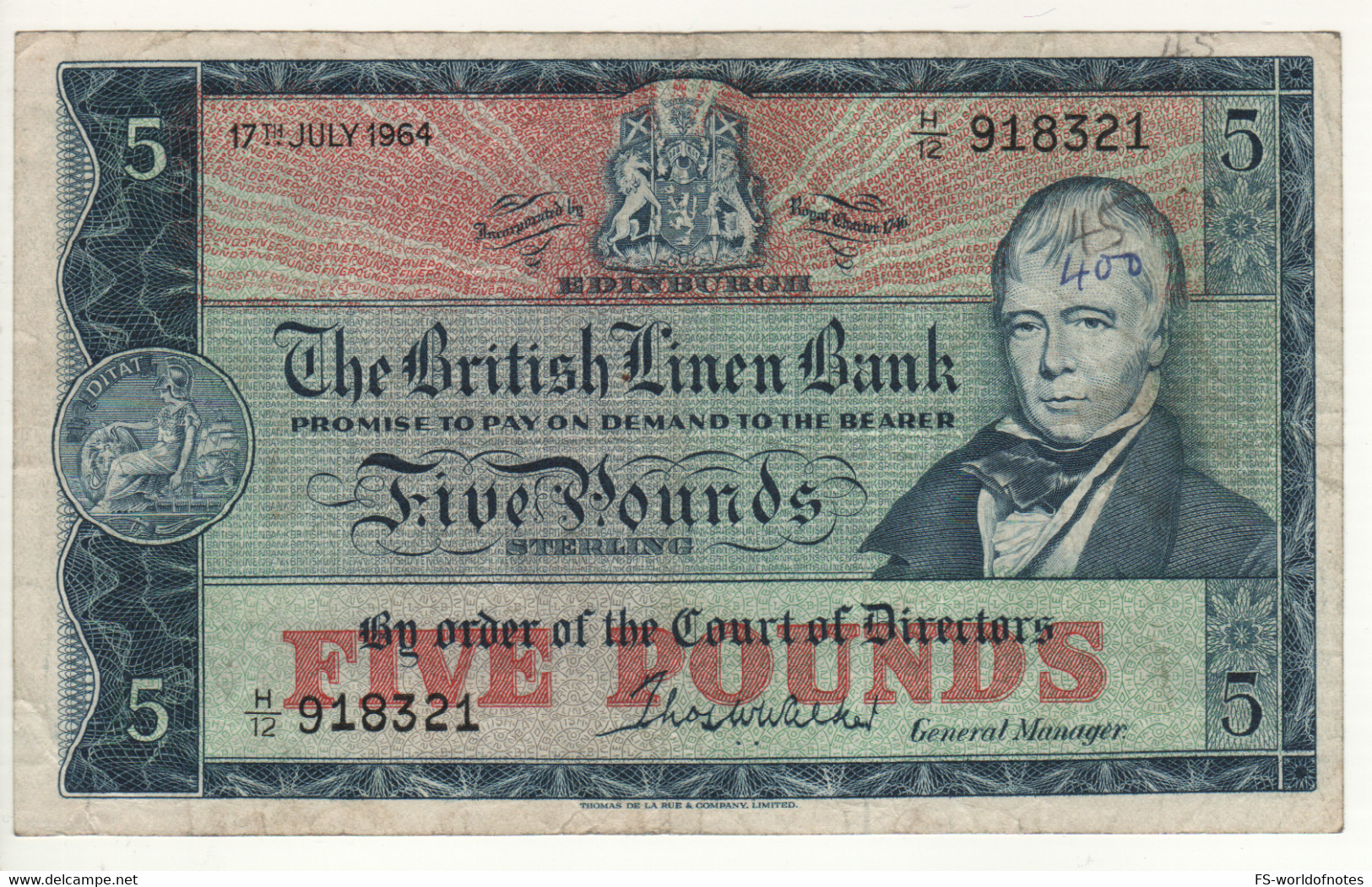 SCOTLAND  5 Pounds The British Linen Bank     P167b   (Sir Walter Scott  Dated 18th August 1964 ) - 5 Pounds