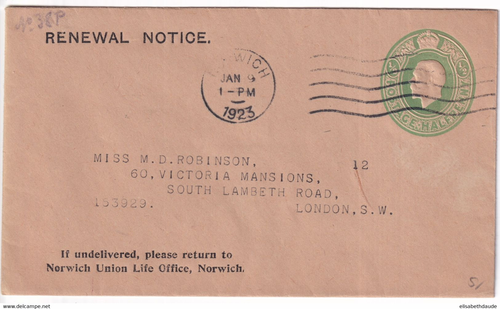 GB - 1923 - ENVELOPPE ENTIER PRIVEE De NORWICH INSURANCE => LONDON - Postwaardestukken