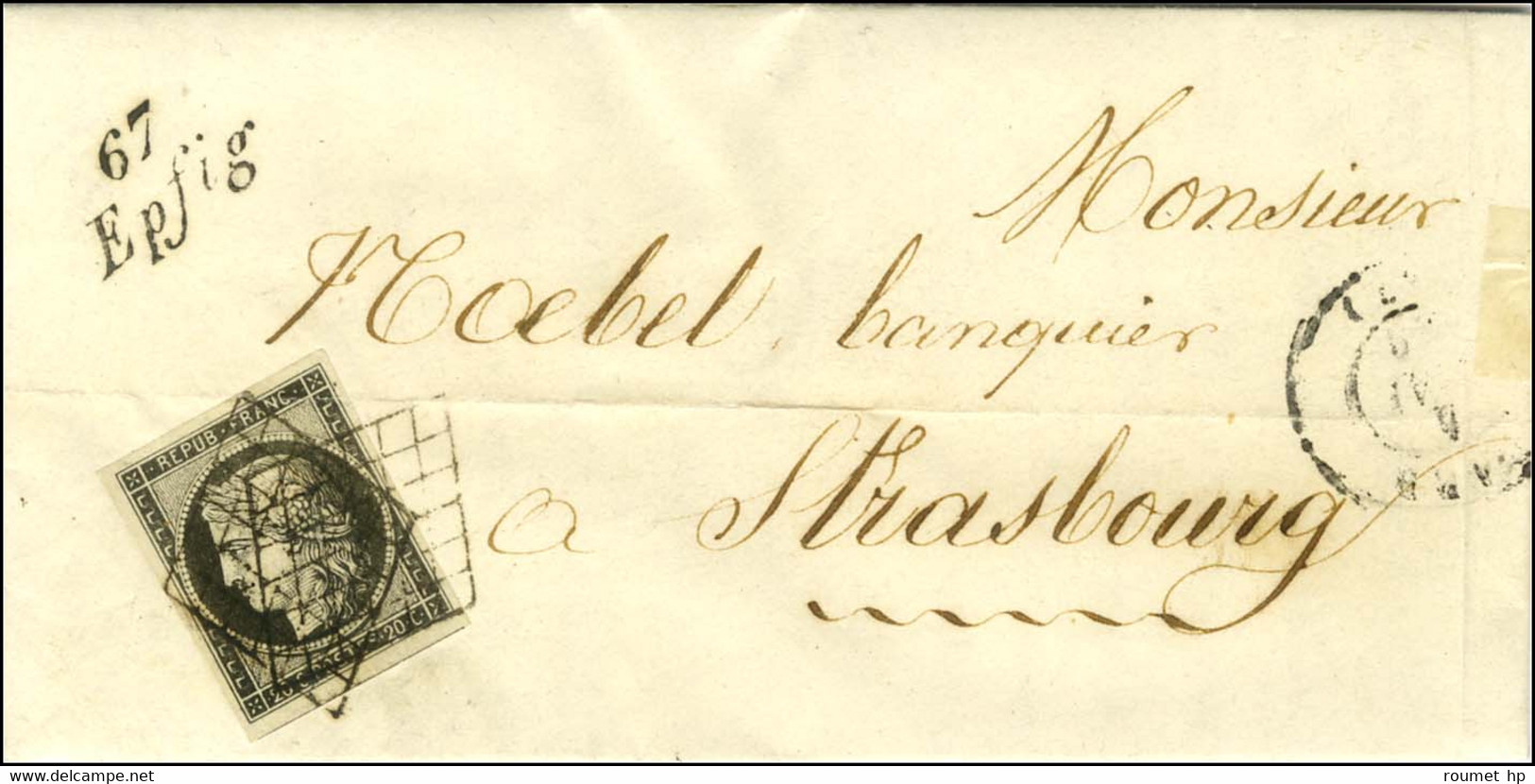 Grille / N° 3 (infime Froissure) Cursive 67 / Epfig Sur Lettre Avec Texte Daté Epfig Le 4 Mai 1849 Pour Strasbourg. - TB - 1849-1850 Ceres