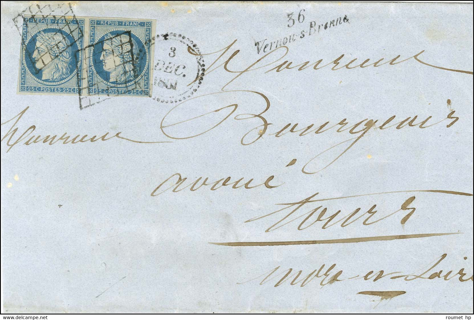 Grille / N° 4 (paire, 1ex Leg Def) Cursive 36 / Vernou-s-Brenne Sur Lettre 2 Ports Pour Tours. Rarissime Cursive Créée E - 1849-1850 Ceres