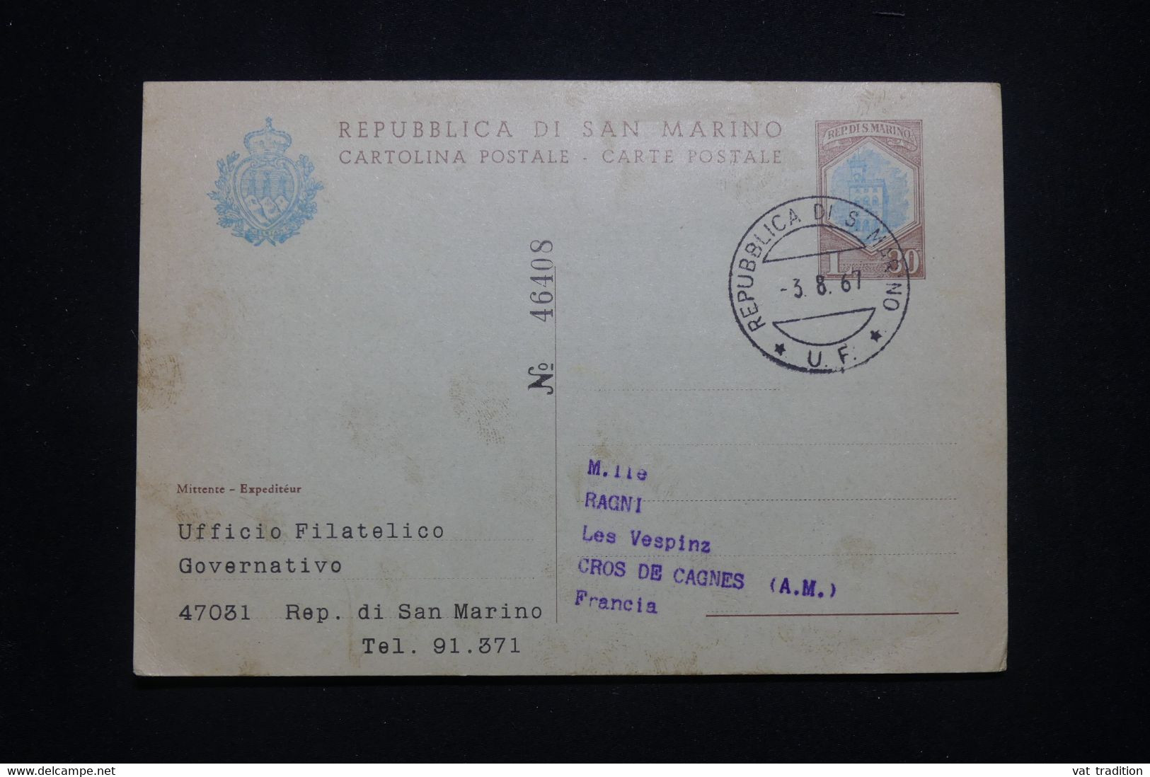 SAINT MARIN - Entier Postal Du Service Philatélique De St Marin Pour La France En 1967 - L 99665 - Enteros Postales