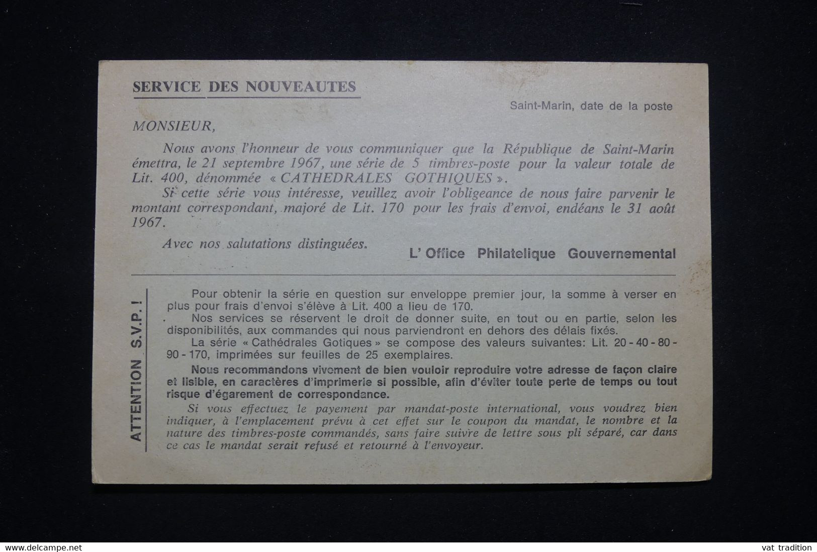 SAINT MARIN - Entier Postal Du Service Philatélique De St Marin Pour La France En 1967 - L 99665 - Postal Stationery