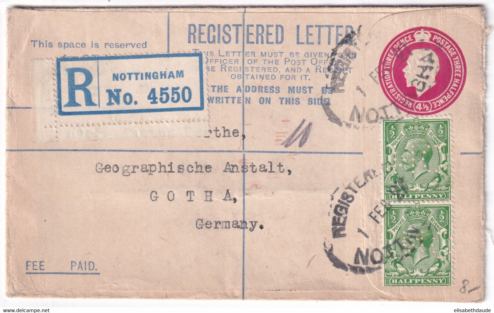 GB - 1927 - PERFORES Sur ENVELOPPE ENTIER RECOMMANDEE De NOTTINGHAM => GOTHA (GERMANY) - Gezähnt (perforiert)
