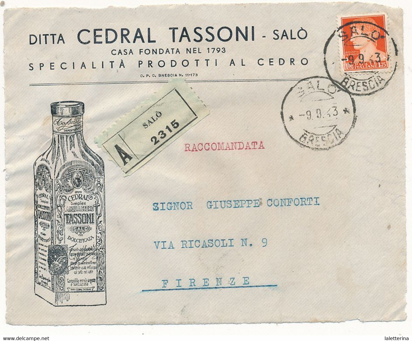 1944 RSI SALO' FRONTESPIZIO DI RACCOMANDATA PUBBLICITARIA CEDRATA TASSONI VINO LIQUORE- LIQUORI - Marcophilie