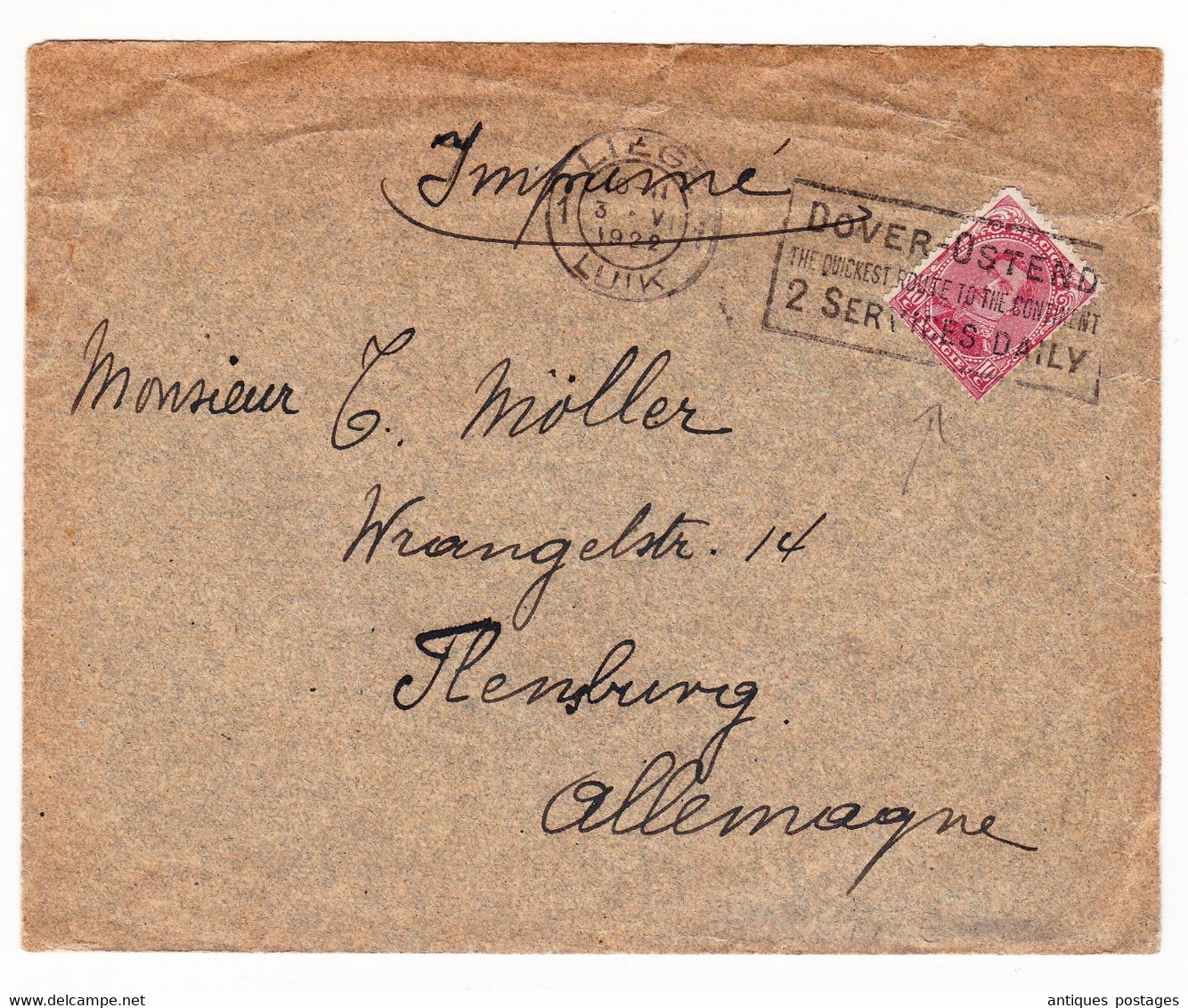 Lettre 1922 Liège Liuk Belgique Imprimé Cachet Dover Ostend 2 Services Daily Hamburg Deutschland Léon GERNAY - 1915-1920 Alberto I