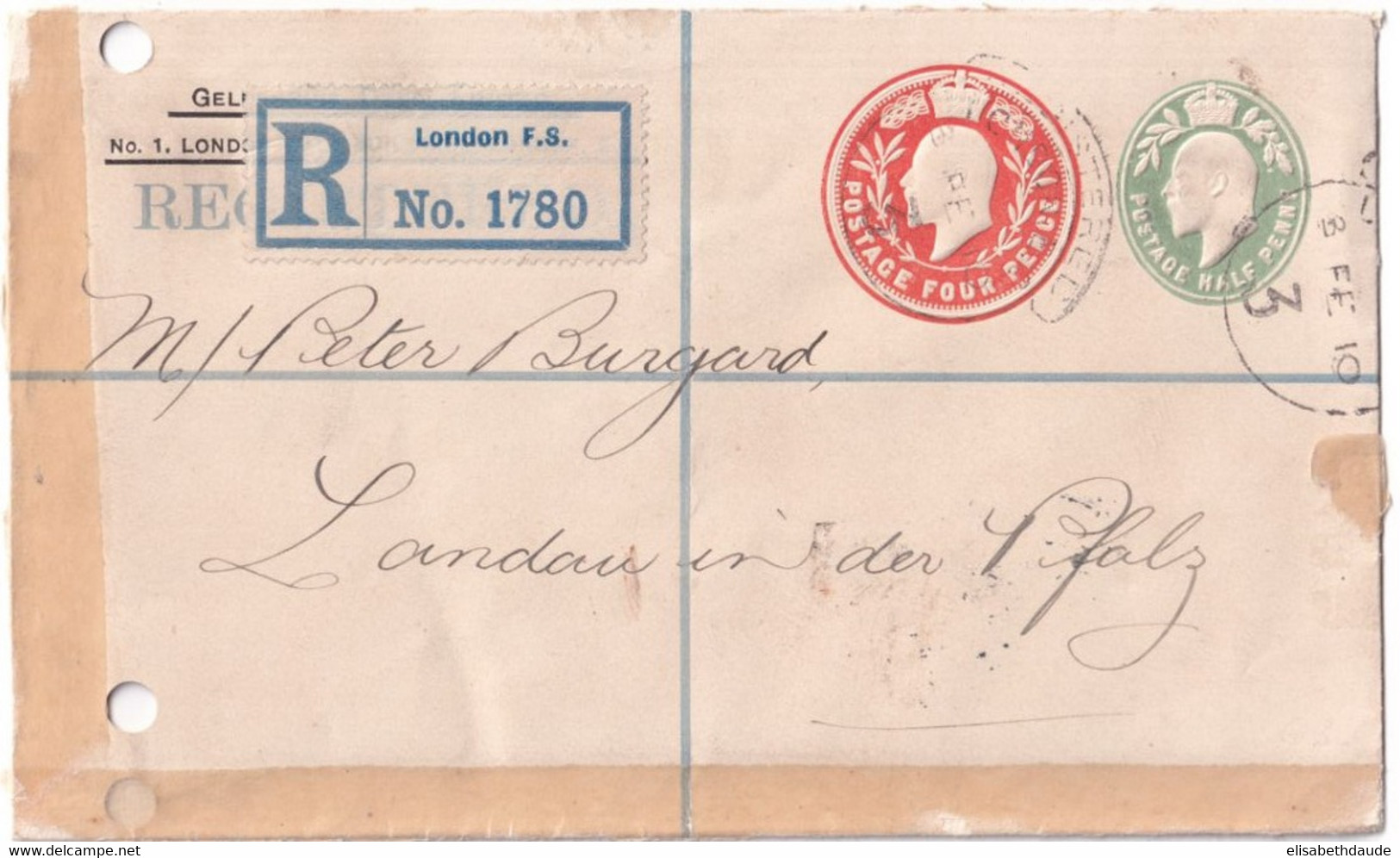 GB - 1910 - ENVELOPPE ENTIER PRIVEE RECOMMANDEE ! EDWARD VII De LONDON => LANDAU (GERMANY) - Postwaardestukken