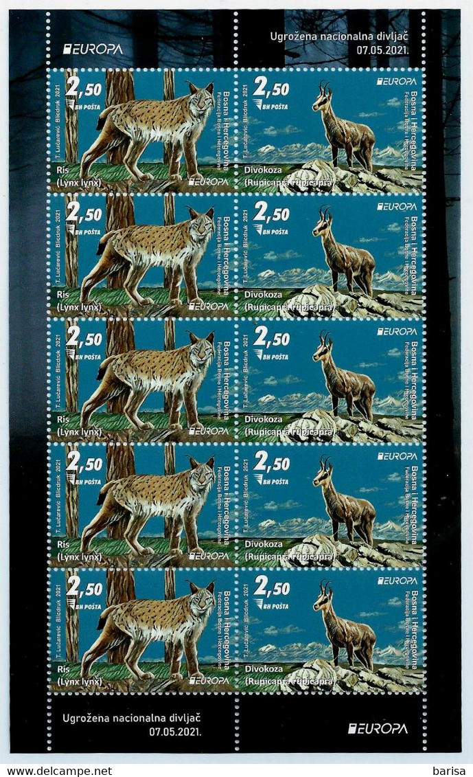 Bosnia And Herzegovina 2021: Europa - Endangered National Wildlife; 5 Complete Sets In A Small Sheets. MNH** - 2021