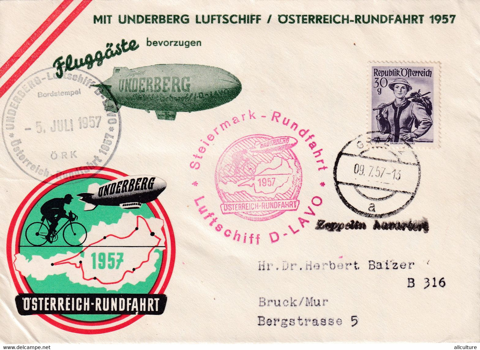 A8379- ZEPELLIN UNDERBERG, OSTERREICH-RUNDFAHRT 1957, REPUBLIC OSTERREICH STAMP ON COVER - Zeppeline