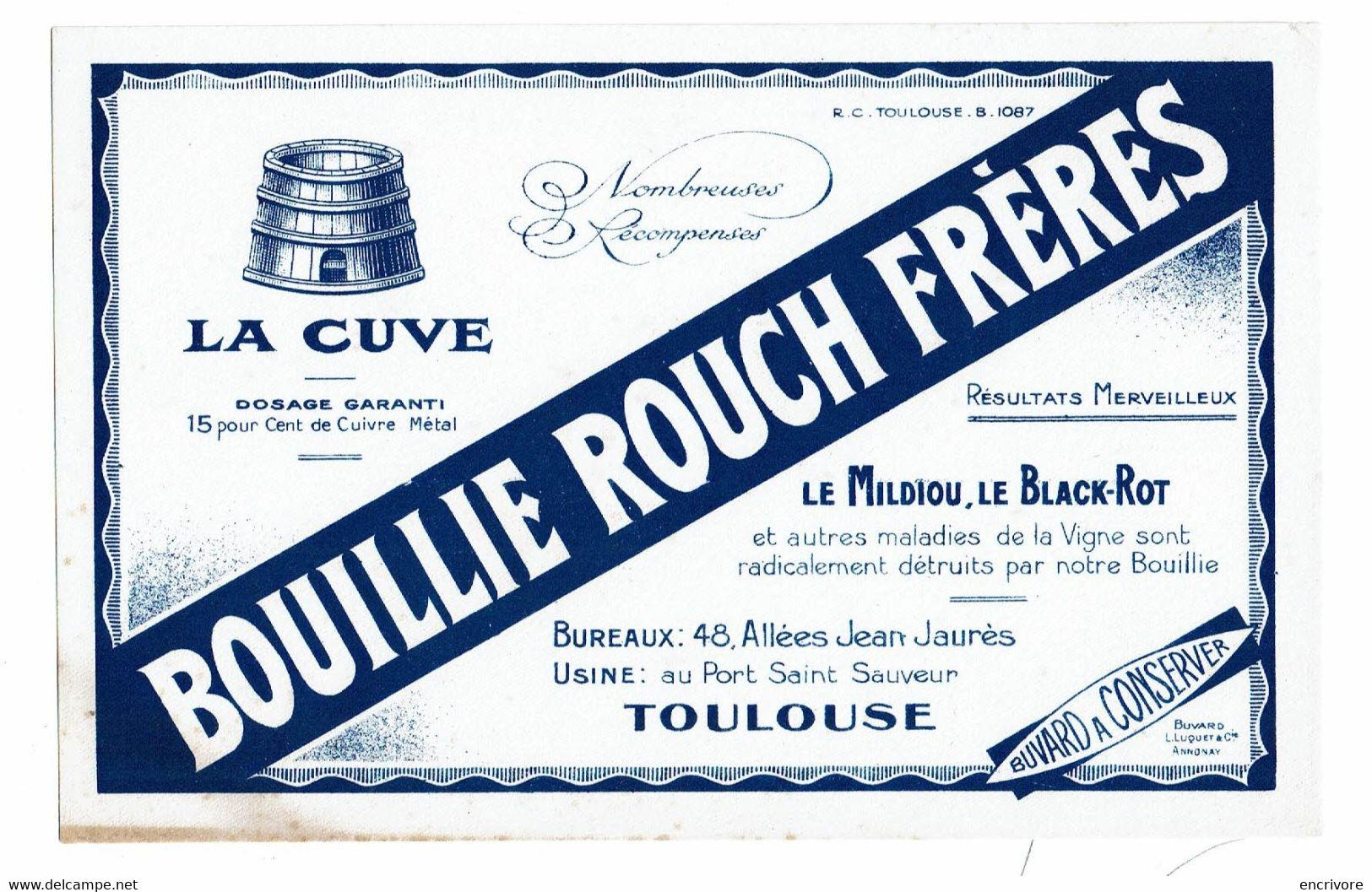 Buvard BOUILLIE ROUCH FRERES La Cuve Le Mildiou Le Black Rot Toulouse - Agricoltura