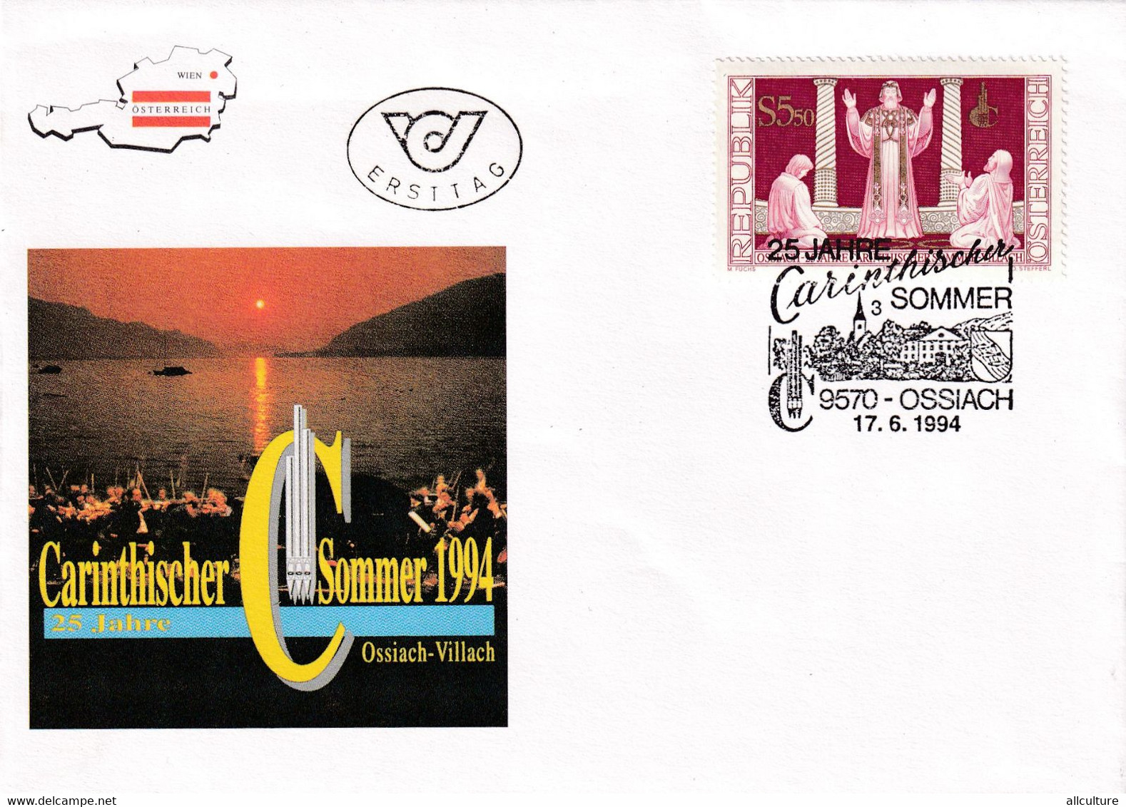 A8399- ERSTTAG,25TH ANNIVERSARY OF THE FESTIVAL WEEKS, OSSIACH 1994 REPUBLIC OSTERREICH AUSTRIA USED STAMP ON COVER - Storia Postale