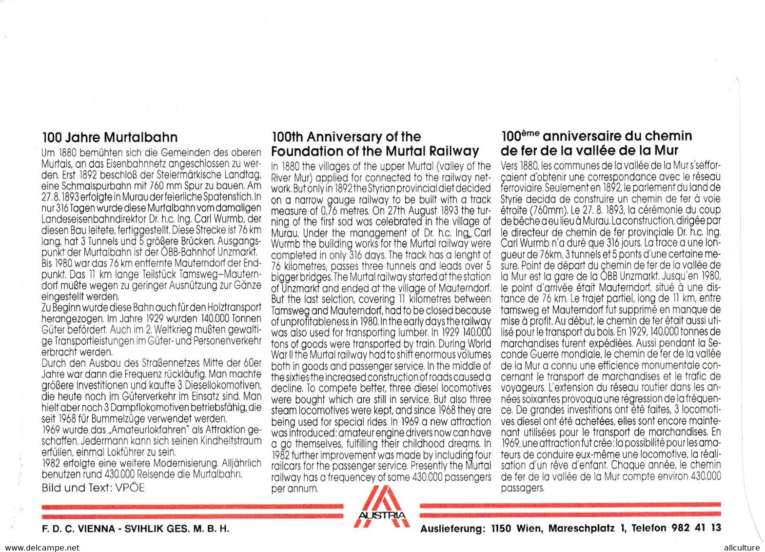 A8400- ERSTTAG,100TH ANNIVERSARY FOUNDATION OF THE MURTAL RAILWAY 1994 REPUBLIC OSTERREICH AUSTRIA USED STAMP ON COVER - Lettres & Documents
