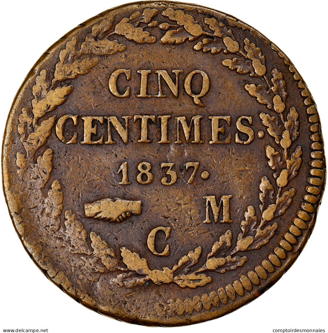 Monnaie, Monaco, Honore V, 5 Centimes, Cinq, 1837, Monaco, Grosse Tête, TTB - 1819-1922 Onorato V, Carlo III, Alberto I