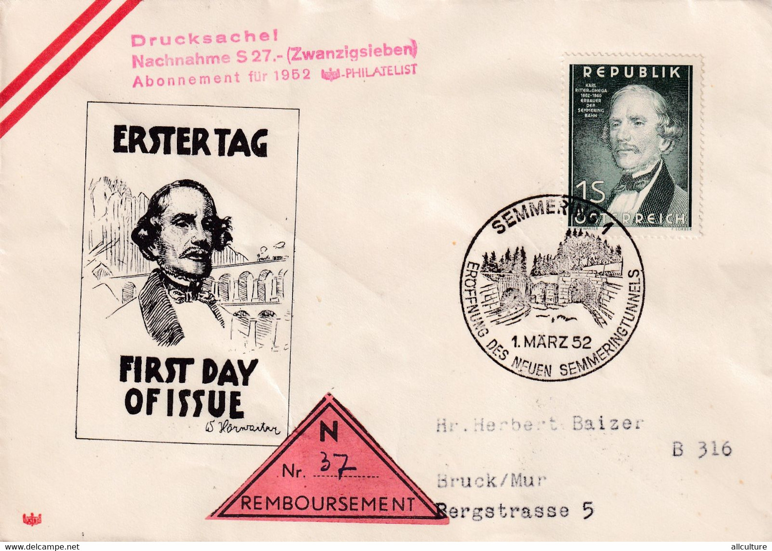 A8381- ERSTTAG,FIRST DAY OF ISSUE REMBOURSEMENT DRUCKESACHEL PHYLATELIST 1952 REPUBLIC OSTERREICH USED STAMP ON COVER - FDC