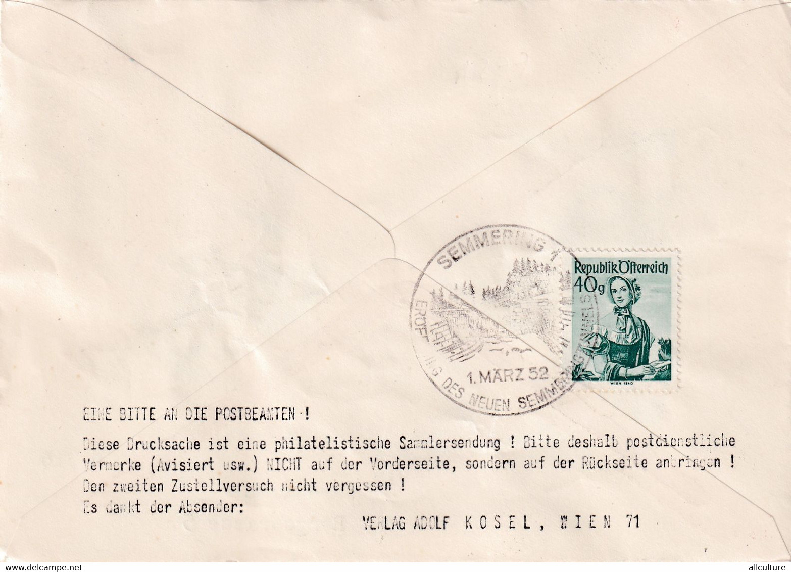 A8381- ERSTTAG,FIRST DAY OF ISSUE REMBOURSEMENT DRUCKESACHEL PHYLATELIST 1952 REPUBLIC OSTERREICH USED STAMP ON COVER - FDC
