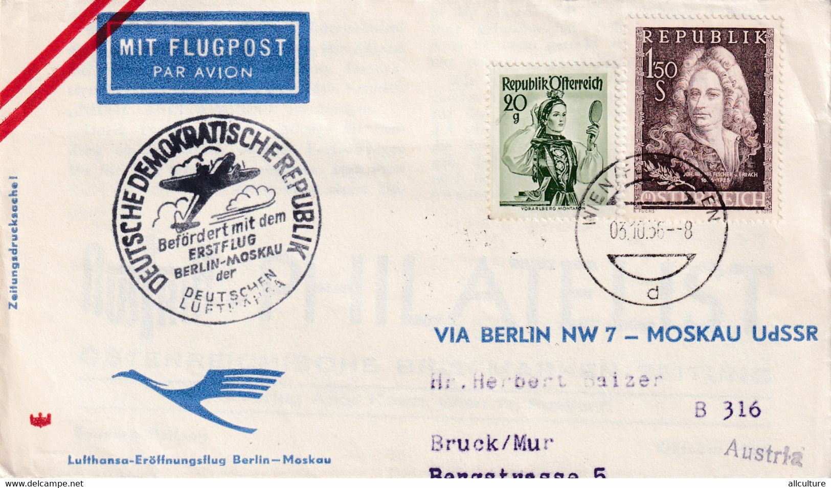 A8485-DEUTSCHEN LUFTHANSA, WEIN 1956, PAR AVION BERLIN TO MOSCOW USSR, REPUBLIK OESTERREICH STAMP ON COVER USED - Sonstige & Ohne Zuordnung