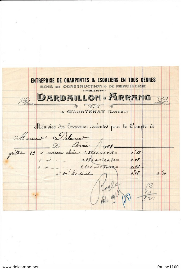 Facture Entreprise De Charpentes DARDAILLON ARRANG  à  COURTENAY 45 Loiret - 1900 – 1949