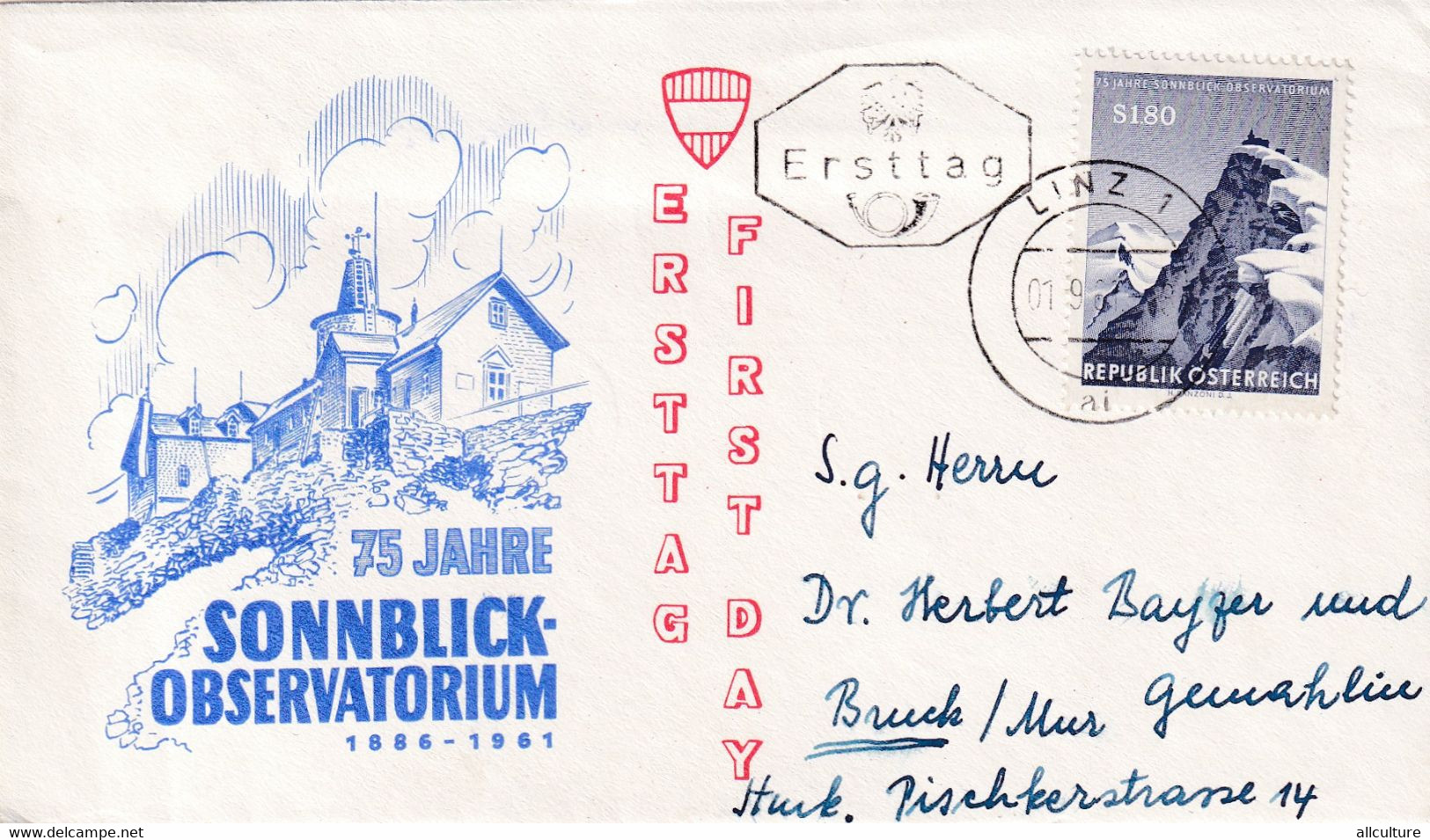 A8384- SONNBLICK OBSERVATORIUM ERSTTAG 1886-1961, LINZ 1961 REPUBLIK OESTERREICH USED STAMP ON COVER - Lettres & Documents