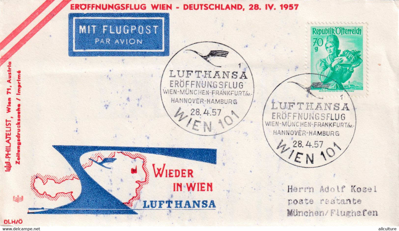 A8387- PAR AVION,MIT FLUGPOST LUFTHANSA WIEN 1957,WIEDER IN WIEN AUSTRIA USED STAMP ON COVER SENT TO MUNCHEN DEUTSCHLAND - Sonstige & Ohne Zuordnung