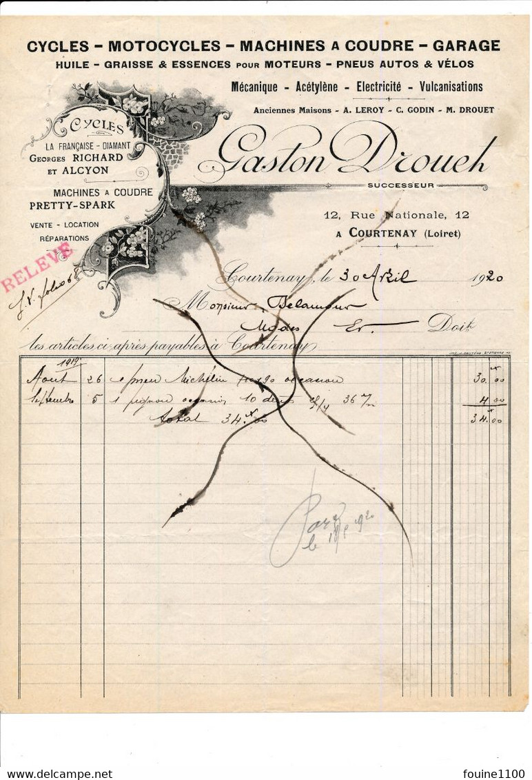 Facture Illustrée Cycles Motos ( Anc. Leroy Godin Drouet ) GASTON DROUCH   à COURTENAY 45 Loiret - 1900 – 1949