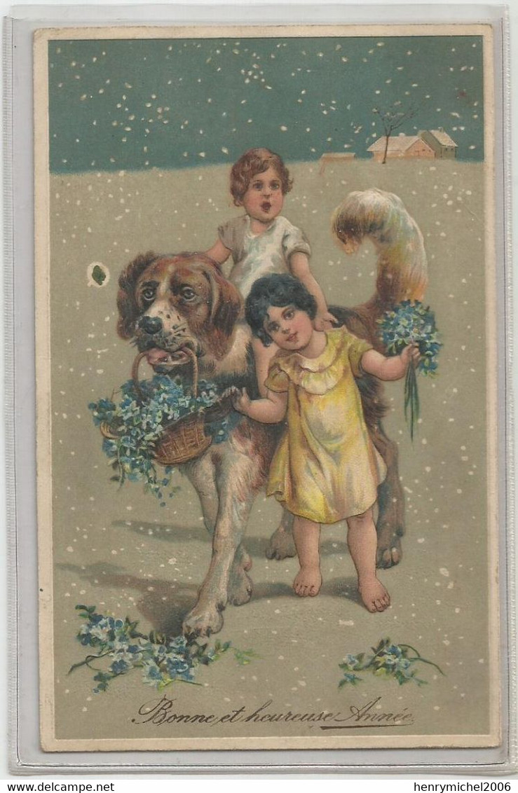 Cpa Fantaisie Chien Saint St Bernard Enfants Bonne Heureuse Année Carte Relief Printed In Germany Serie 7978 - Nouvel An