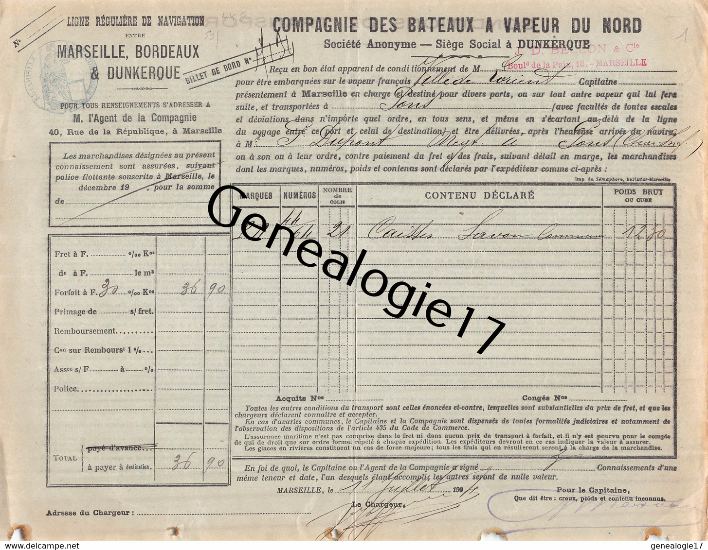 59 4531 DUNKERQUE NORD 1904 Cie GENERALE DES BATEAUX A VAPEUR DU NORD Agent BELLON Ligne Navigation - Barcos