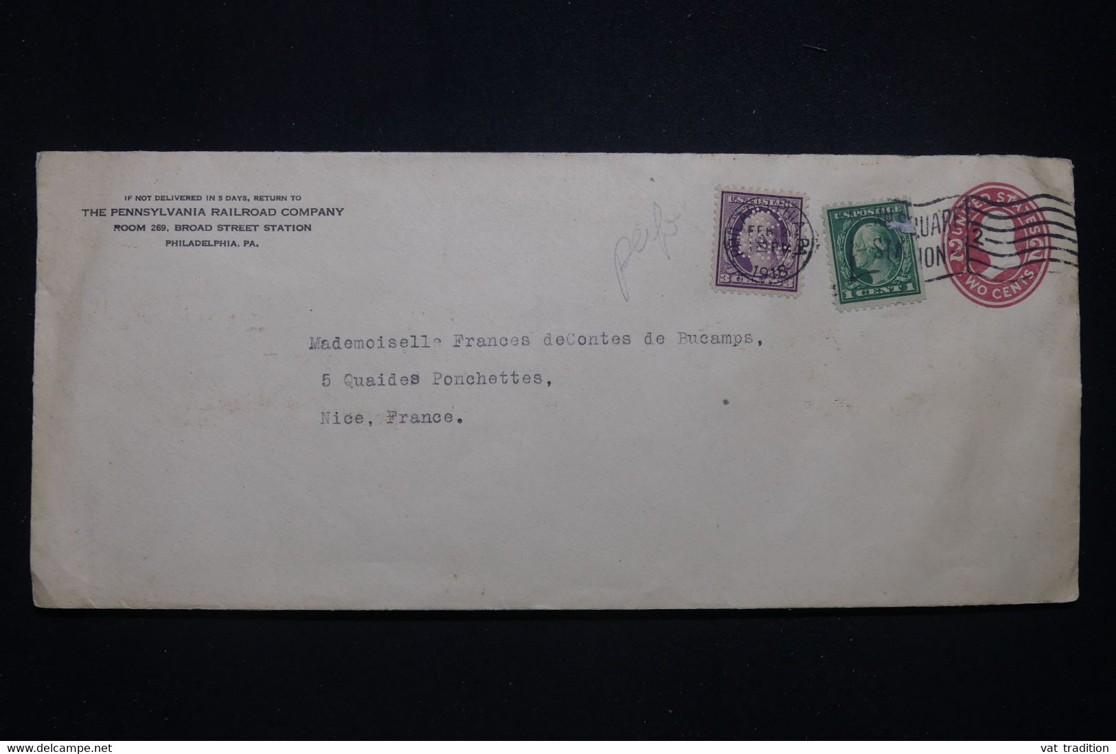 ETATS UNIS - Entier Postal Commercial + Compléments Dont Perforé De Philadelphia Pour La France En 1918  - L 99742 - 1901-20
