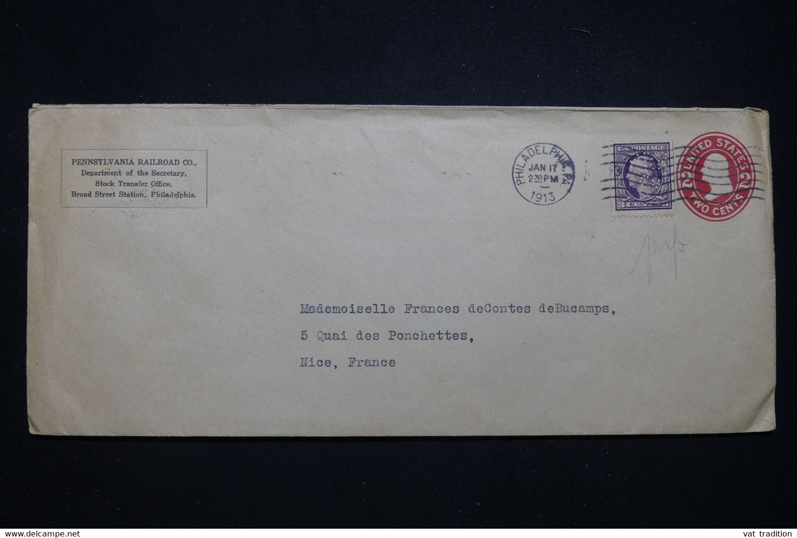 ETATS UNIS - Entier Postal Commercial + Complément Perforé De Philadelphia Pour La France En 1913  - L 99743 - 1901-20