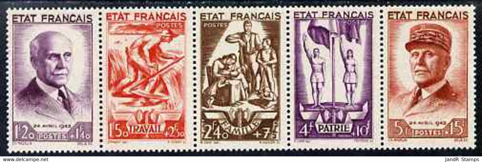 France 1943 National Relief Fund Strip Of 5 Lightly Mounted Mint (3 Stamps U/m) SG 784a - Autres & Non Classés