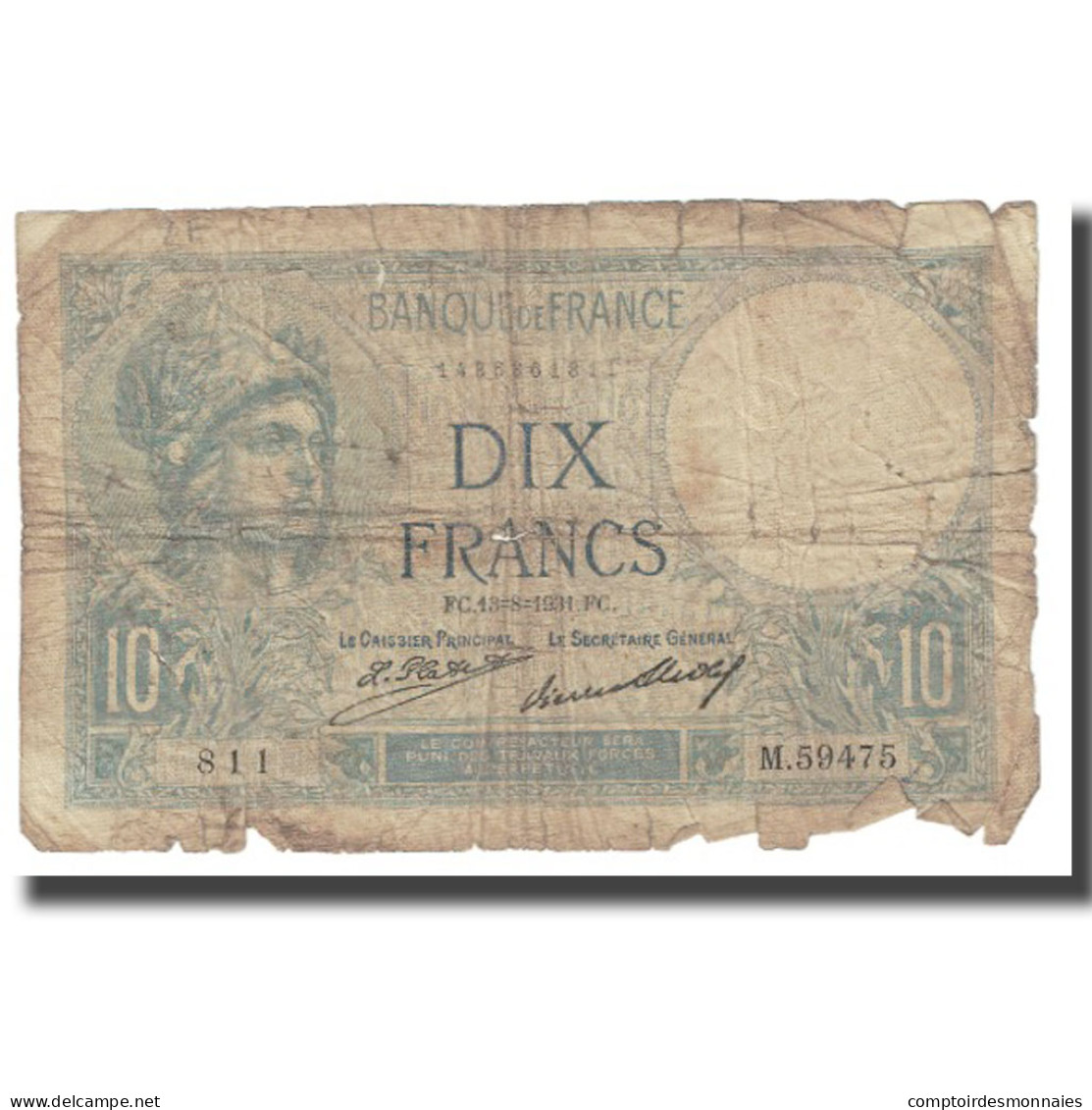 France, 10 Francs, 1931, 1931-08-13, B, Fayette:6.15, KM:73d - 10 F 1916-1942 ''Minerve''