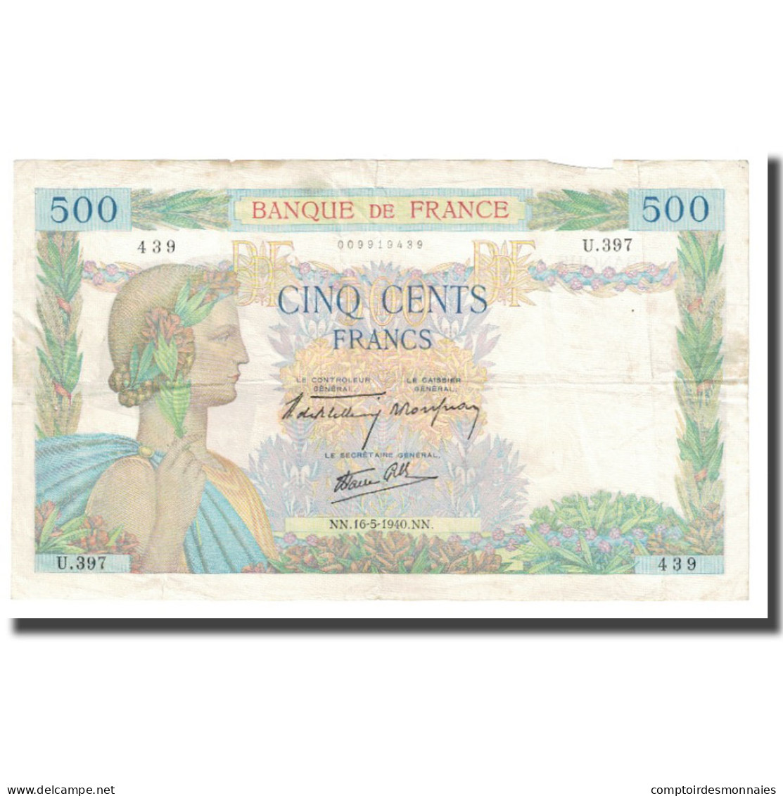 France, 500 Francs, La Paix, 1940, 1940-05-16, TB+, Fayette:32.02, KM:95a - 500 F 1940-1944 ''La Paix''