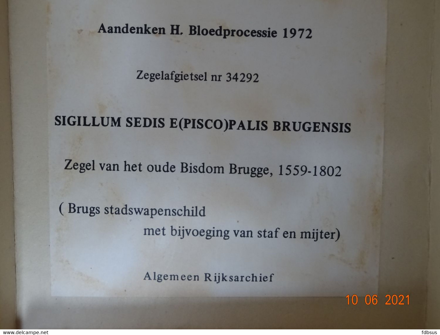 1972 Aandenken Heilige Bloedprocessie - Zegelafgietsel Nr 34292 - Brugs Stadswapenschild Oud Bisdom Brugge 1559-1802 - Souvenirs