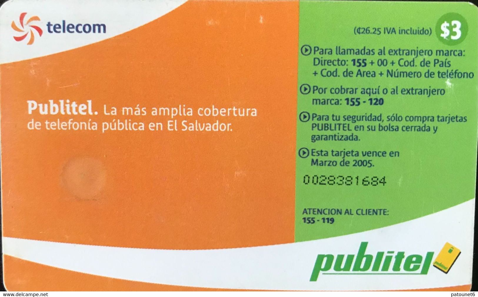 SALVADOR  -  Phonecard  -  Publitel  - 155  -  $ 3,00 - Salvador