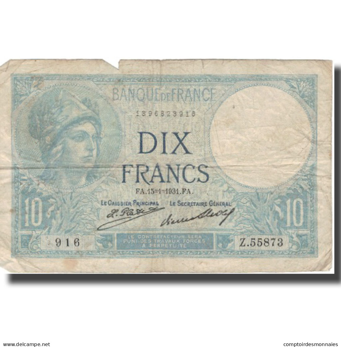 France, 10 Francs, Minerve, 1931, 1931-01-15, TB, Fayette:6.15, KM:73d - 10 F 1916-1942 ''Minerve''