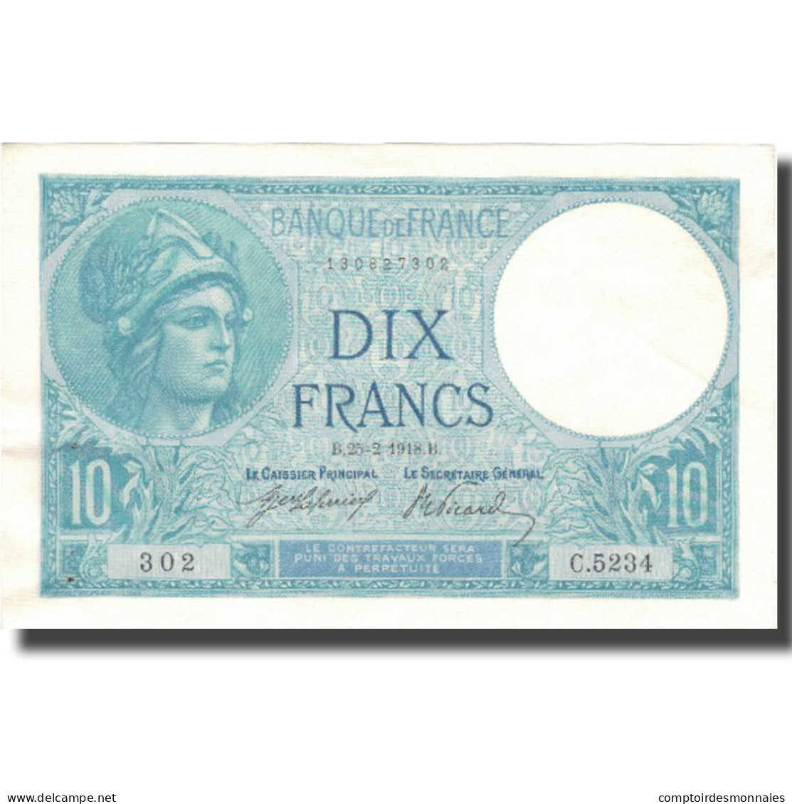 France, 10 Francs, Minerve, 1918, 1918-02-25, SUP+, Fayette:6.3, KM:73a - 10 F 1916-1942 ''Minerve''