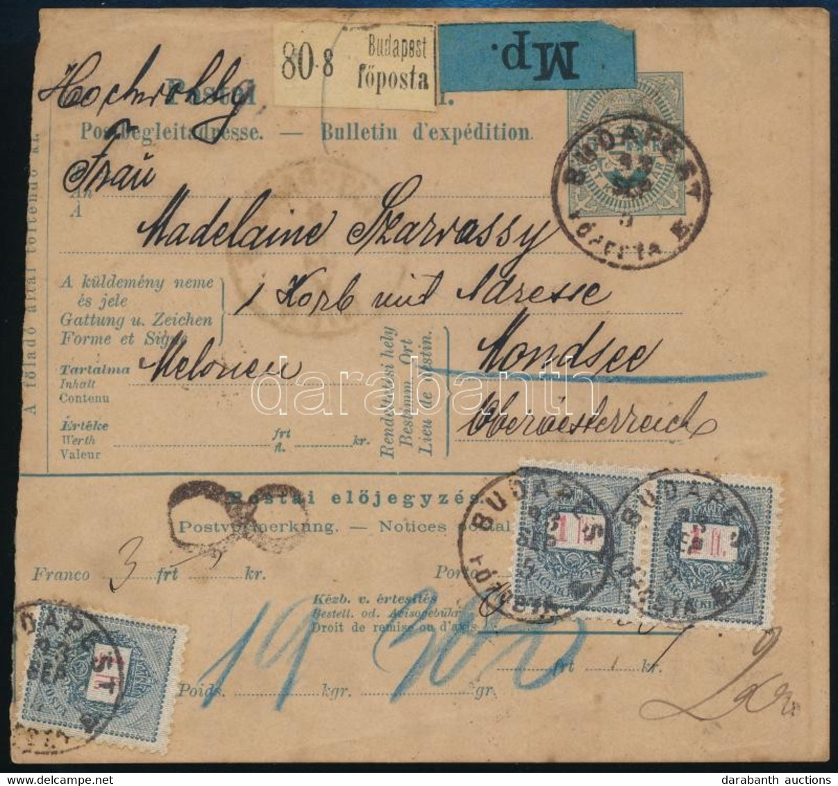 1893 Szállítólevél Egy Kosár Dinnyéről, 3 X 1Ft Bérmentesítéssel / Parcel Card With 3 X 1Ft Franking "BUDAPEST" - Mondse - Other & Unclassified