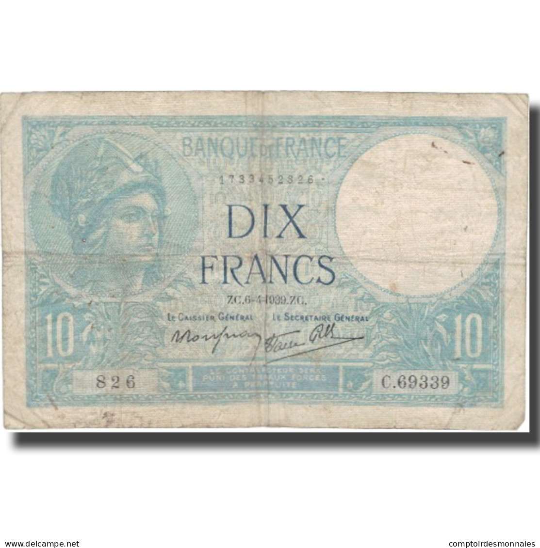 France, 10 Francs, Minerve, 1939, 1939-04-06, TB, Fayette:7.2, KM:84 - 10 F 1916-1942 ''Minerve''