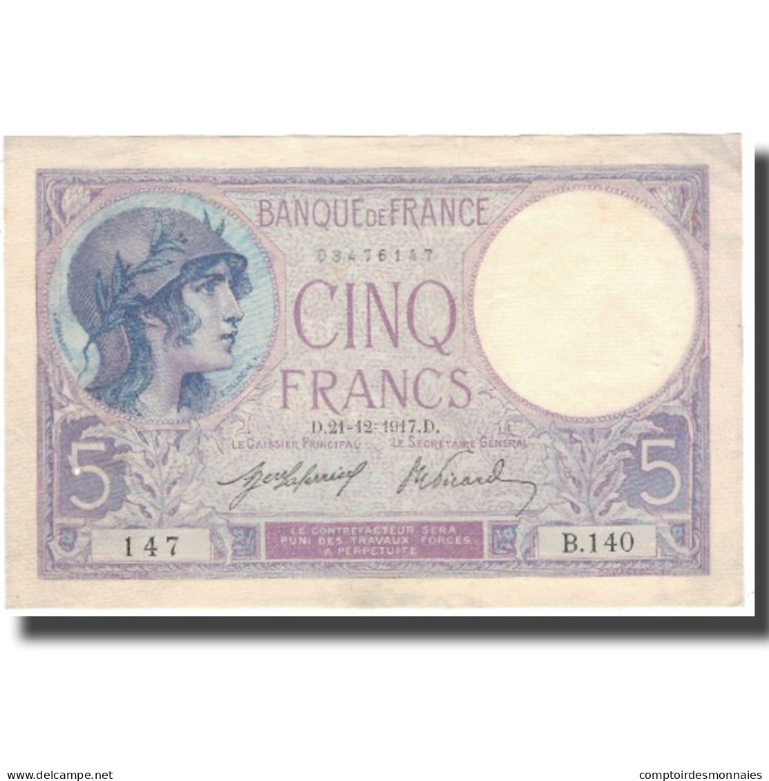 France, 5 Francs, Violet, 1917, 1917-12-21, TTB, Fayette:3.1, KM:72a - 5 F 1917-1940 ''Violet''