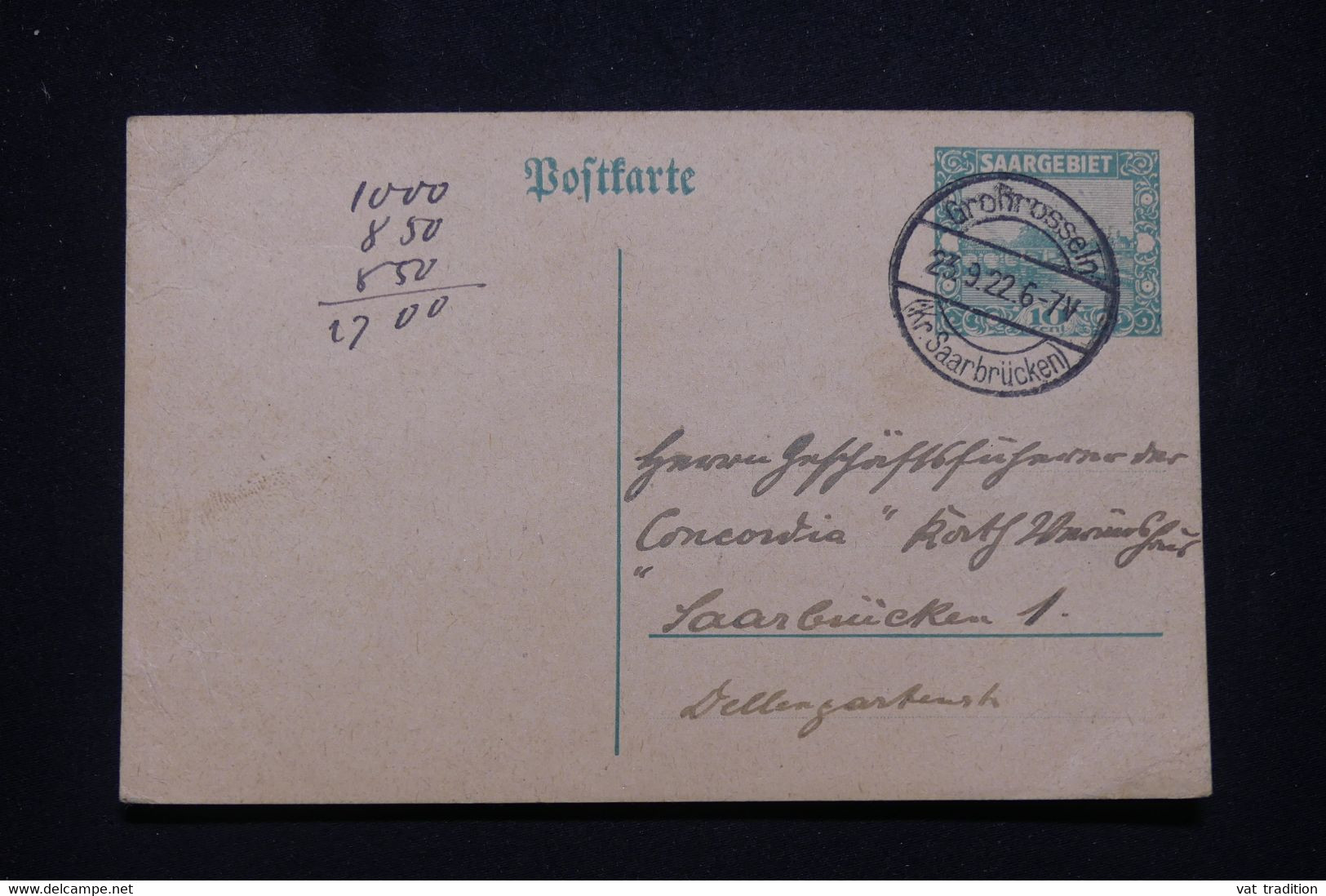 SARRE - Entier Postal De Großrosseln Pour Saarbrücken En 1922 - L 99773 - Entiers Postaux