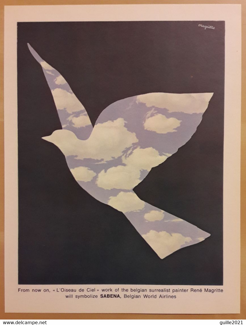 Publicité Papier 1967 Transport Compagnie Aérienne Belge SABENA L'Oiseau De Ciel  René MAGRITTE Surréalisme 20,5 X 27 Cm - Other & Unclassified