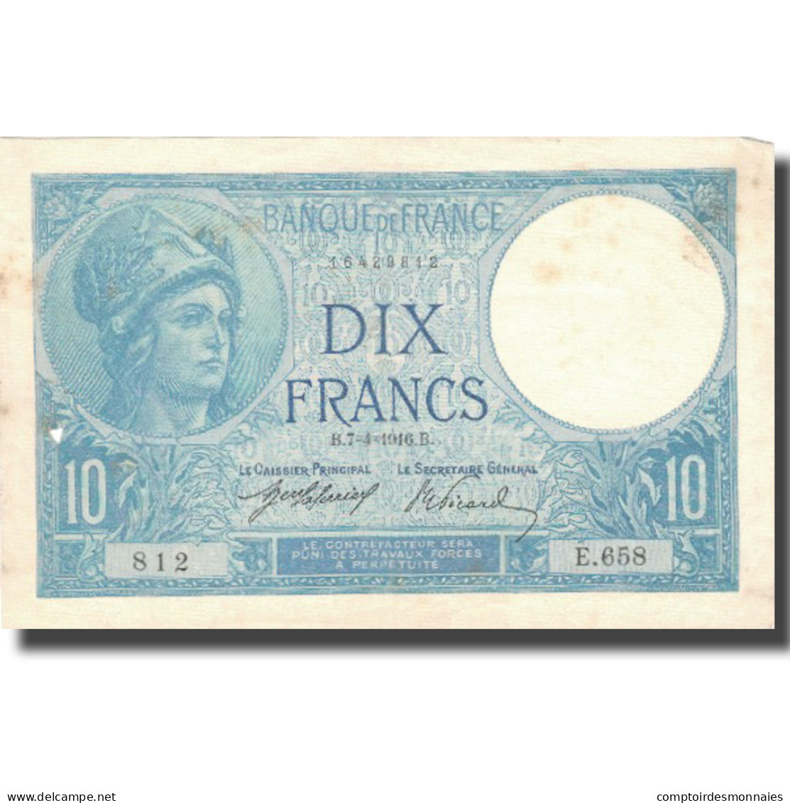 France, 10 Francs, Minerve, 1916, 1916-07-04, TTB, Fayette:6.1, KM:73a - 10 F 1916-1942 ''Minerve''