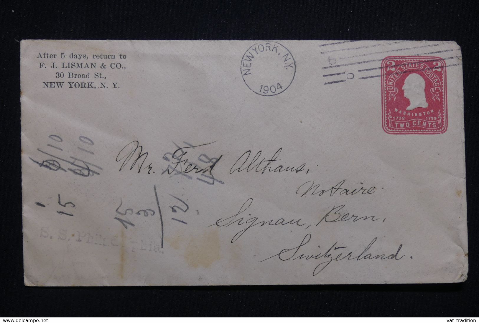 ETATS UNIS - Entier Postal Commercial De New York Pour La Suisse En 1904 Par Le S/S Philadelphia - L 99789 - 1901-20